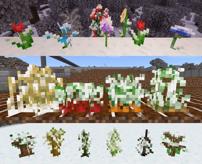 Растения покрыты снегом в Майнкрафт ПЕ (Бедрок)