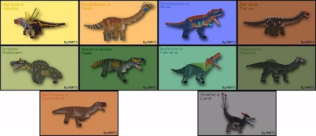 Виды динозавров из мода Затерянная фауна в Майнкрафт ПЕ (Бедрок)