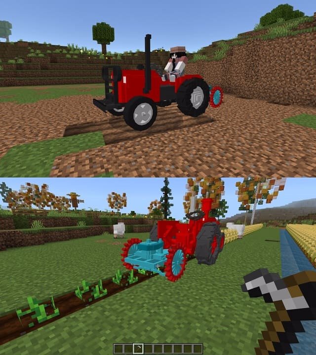Обработка земли и посев урожая трактором в моде Тракторы для Майнкрафт ПЕ (Бедрок)