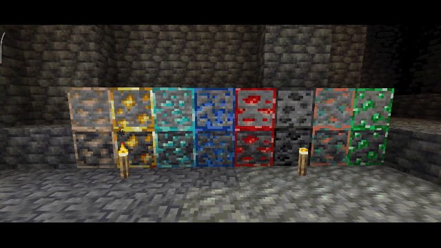 Светящиеся руды из ресурспака Animated Glowing Ores в Майнкрафт ПЕ (Бедрок)