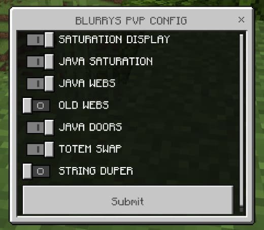 Меню конфигурации мода Java PVP в Minecraft PE (Bedrock)