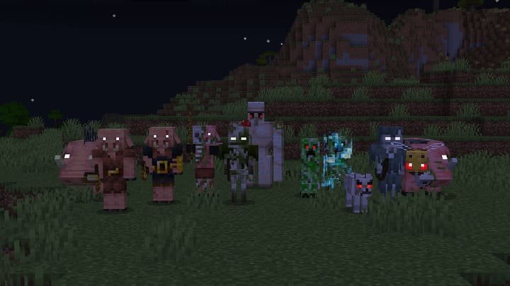 Мобы со светящимися глазами в темноте в Minecraft PE (Bedrock)