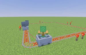 Игроки, катающиеся на многопользовательских американских горках в Minecraft PE (Bedrock)