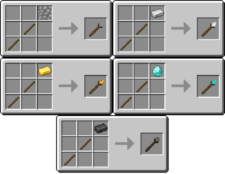 Различные уровни строительных палок в инвентаре в Майнкрафт ПЕ (Бедрок)