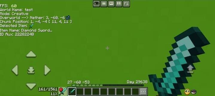 Отладочный экран с технической информацией в Minecraft PE (Bedrock)