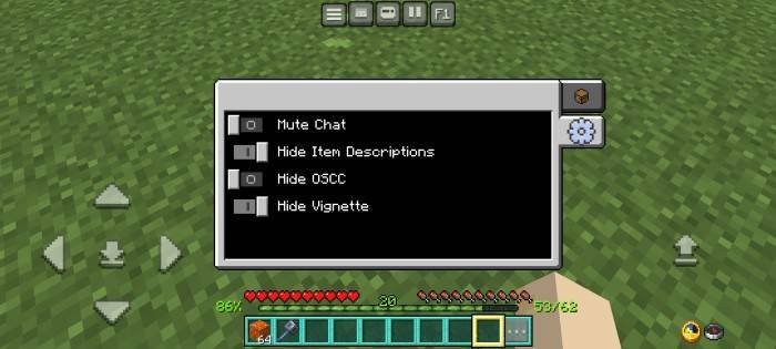 Меню настроек с модулями и опциями в Minecraft PE (Bedrock)