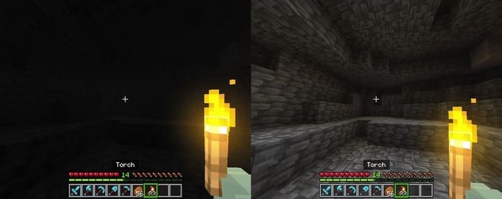 Динамическое освещение при удержании факела в левой руке в Майнкрафт ПЕ (Бедрок)