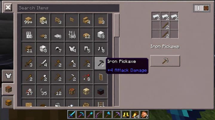 Классический экран инвентаря и настроек из эпохи Alpha в Майнкрафт ПЕ (Бедрок)