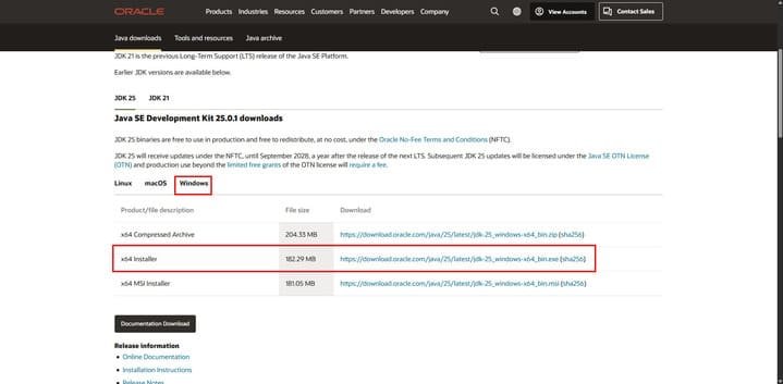 Страница загрузки JDK 25 с выбором Windows x64 Installer