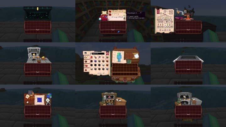 Коллекция различных интерфейсов: сундук, печь и наковальня в Minecraft PE (Bedrock)
