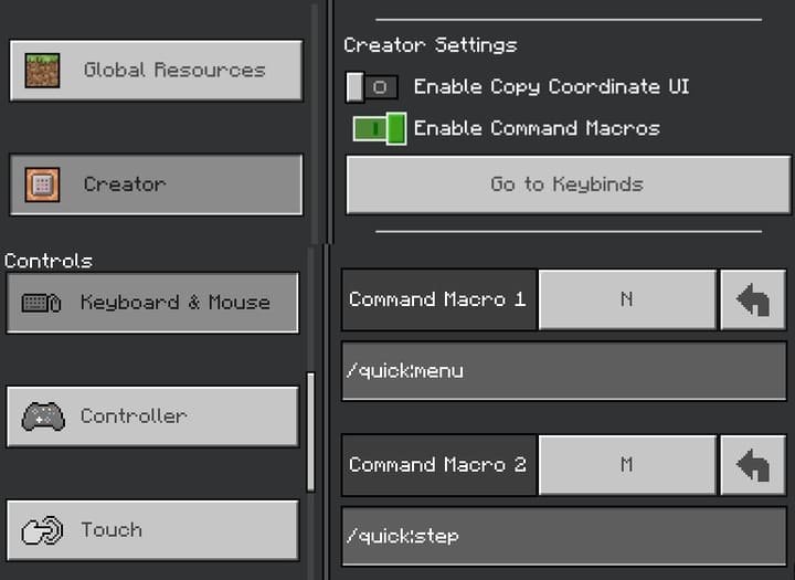 Процесс настройки макросов и использования меню в Minecraft PE (Bedrock)