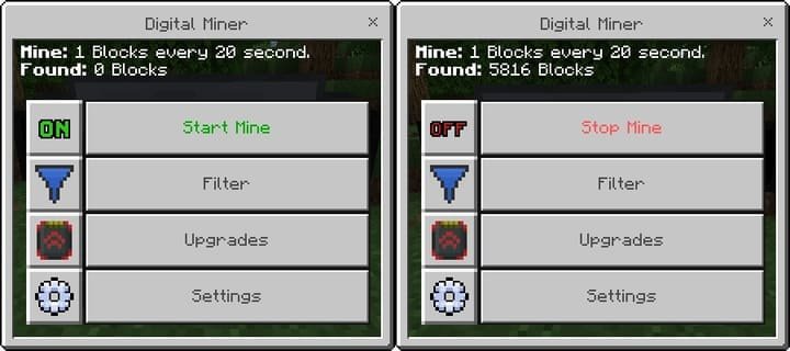 Интерфейс цифрового майнера и процесс настройки фильтров в Майнкрафт ПЕ (Бедрок)