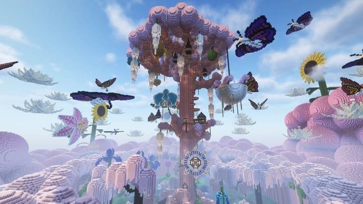 Вид на гигантское сказочное дерево и его окрестности в Майнкрафт ПЕ (Бедрок)