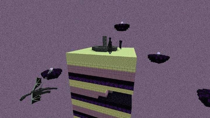 Вид на чанк в измерении Края с уникальным визуальным стилем в Minecraft PE (Bedrock)