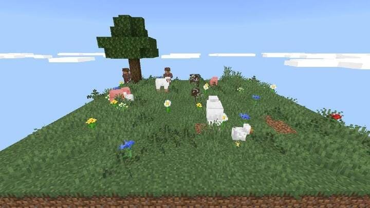 Начальная платформа с жителями и животными на карте 100 дней в 1 Чанке в Майнкрафт ПЕ (Бедрок)