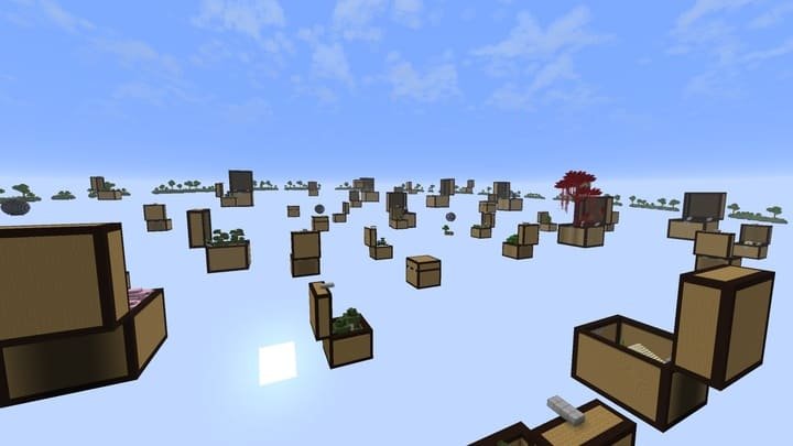 Панорама парящих сундуков с различными биомами внутри в Майнкрафт ПЕ (Бедрок)