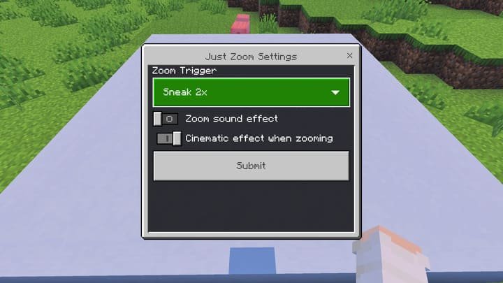 Меню настроек аддона для выбора способа активации зума в Minecraft PE (Bedrock)