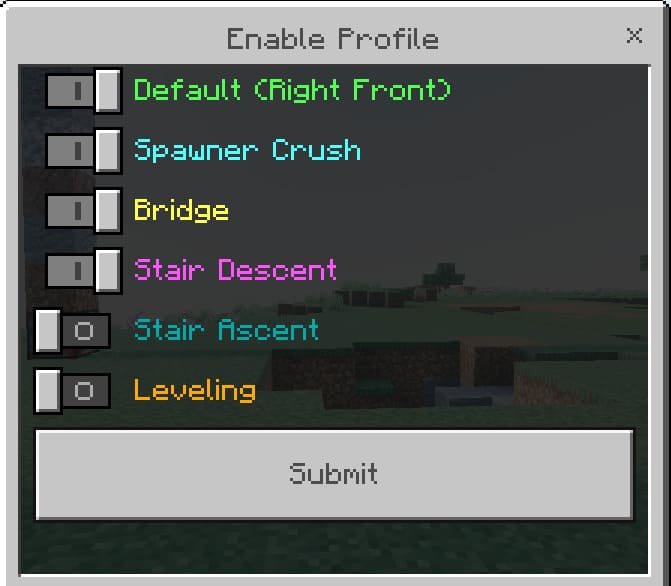 Меню профилей и настроек аддона Помощник строительства в Майнкрафт ПЕ (Бедрок)