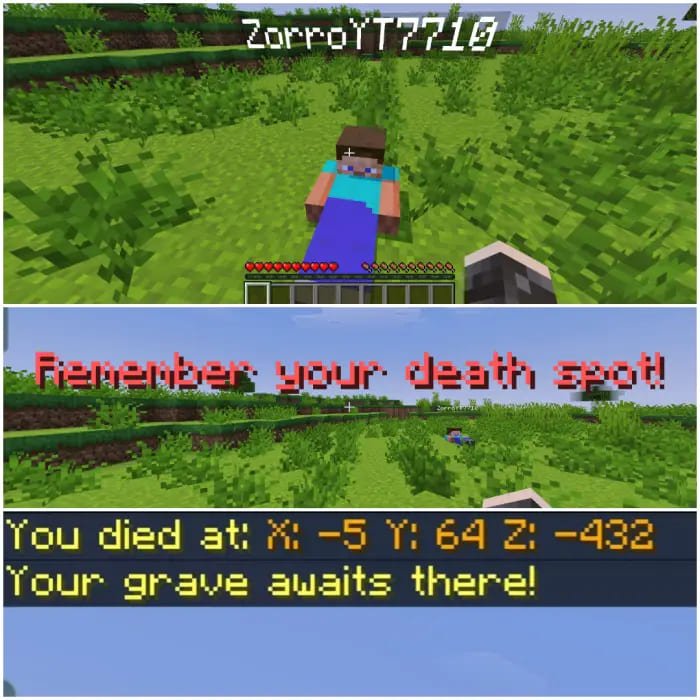 Сообщение с координатами смерти и меню возврата вещей в Minecraft PE (Bedrock)