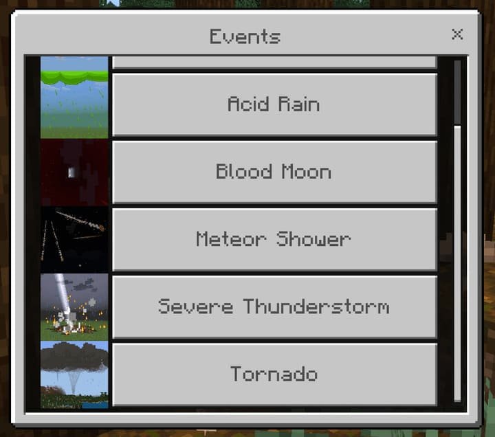Меню выбора событий и настройки катастроф в Майнкрафт ПЕ (Бедрок)