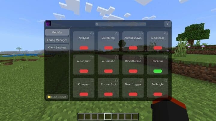 Интерфейс меню модулей OderSo Client в Minecraft PE (Bedrock)
