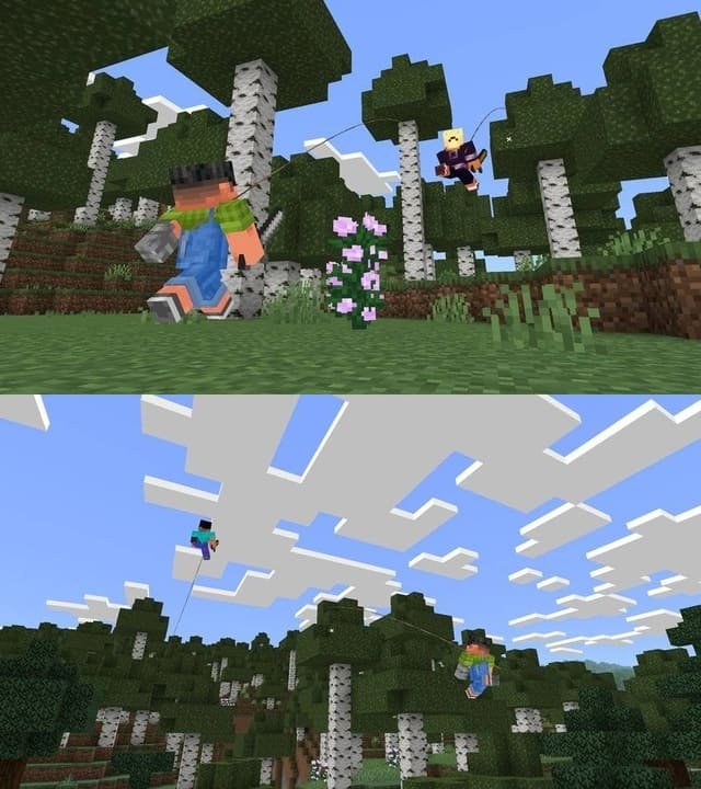 Игрок летит на веревке в Майнкрафт ПЕ (Бедрок)