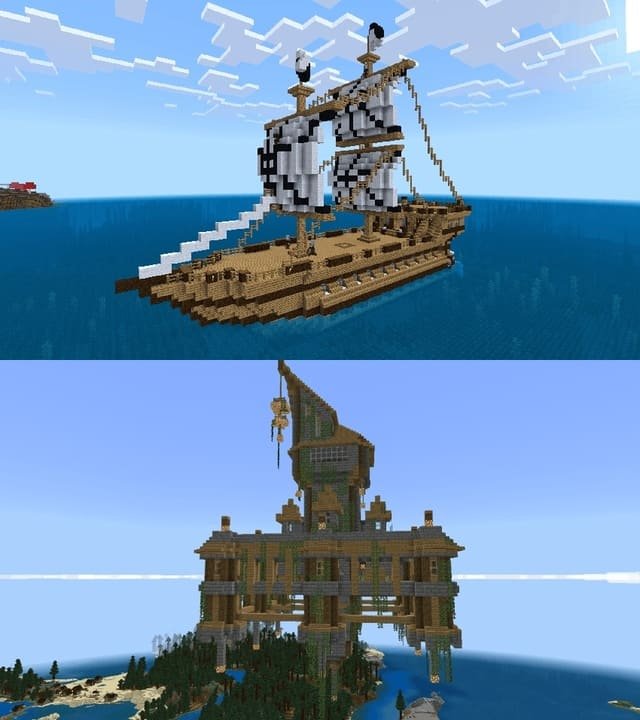 Пиратский корабль и Небесный замок в Minecraft PE (Bedrock)