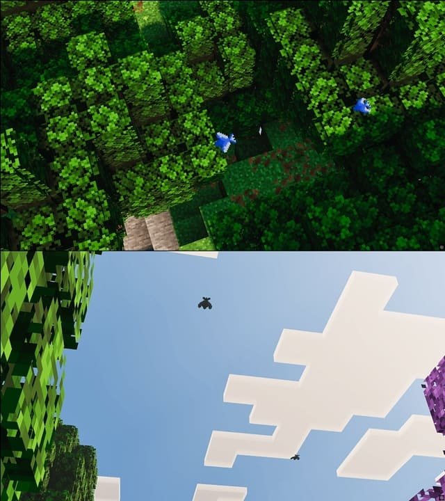 Разные виды птиц среди деревьев в Майнкрафт ПЕ (Бедрок)