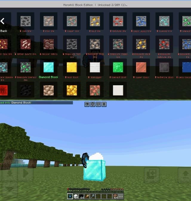 Интерфейс выбора блоков для превращения в Minecraft PE (Bedrock)