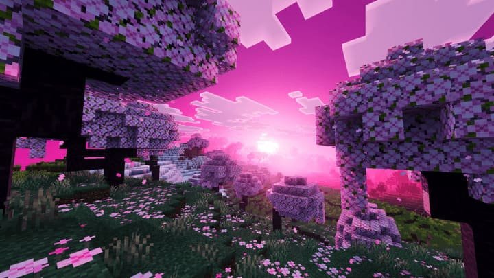 Пурпурный закат и объемное освещение в Minecraft PE (Bedrock)