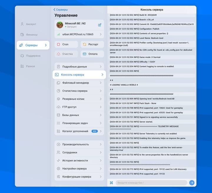Консоль управления запущенным сервером Minecraft PE (Bedrock)