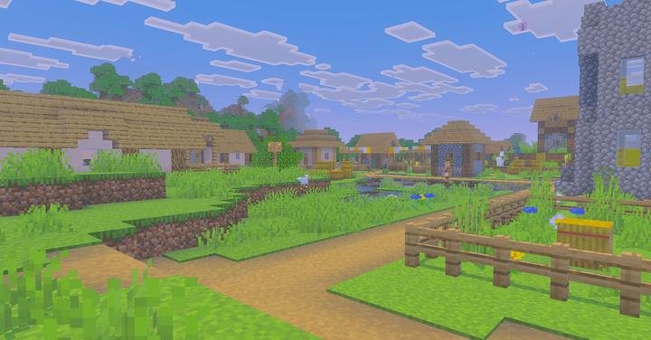 Яркая деревня днём в текстурах Звездное небо для Minecraft PE (Bedrock)