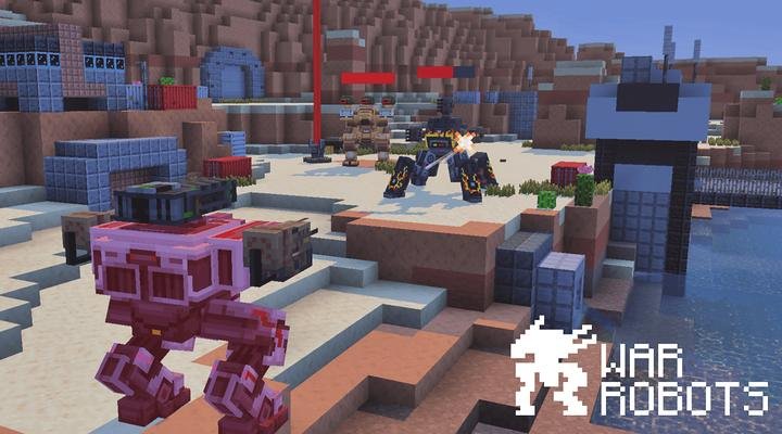 Вражеские роботы на пляжной арене карты Война роботов для Minecraft PE (Bedrock)