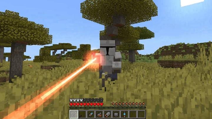 Броня из бескара и выстрел из бластера в моде Исследовать космос для Minecraft PE (Bedrock)